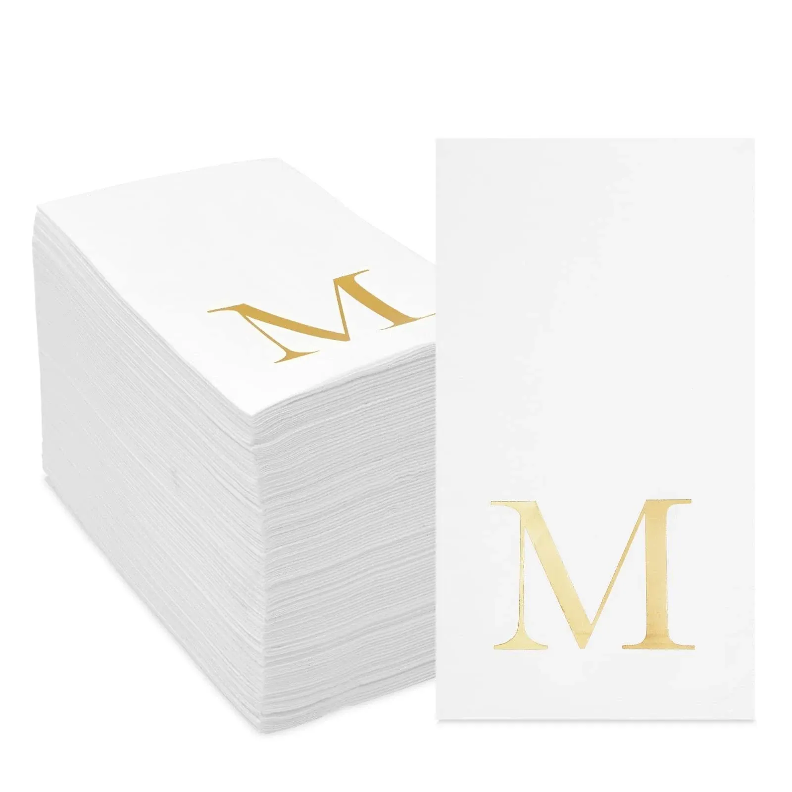 Sparkle and Bash 100 Pack Gold Foil Initial Letter M White Monogram Paper Napkins for Wedding Reception, Table Decorations (4 x 8 In)