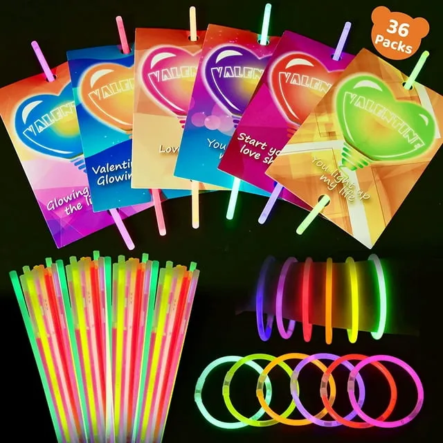 Fun Little Toys 36 Pcs Glow Sticks(6 Colors)with Neon Valentine's Day Cards and ...