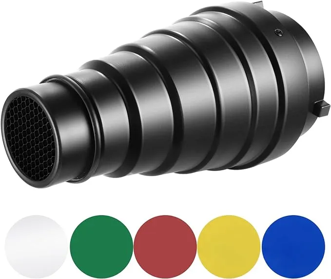 Neewer Medium Aluminium Alloy Conical Snoot Kit with Honeycomb Grid and 5 Pieces Color Gel Filters for Bowens Mount Studio Strobe Monolight Photography Flash Light