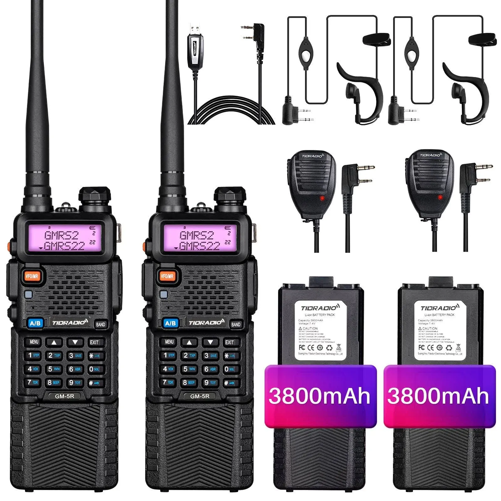 TIDRADIO GM-5R GMRS Radio, Two Way Radio GMRS Repeater Capable, with 3800mAh Battery, Dual Band Scanning Receiver and NOAA Weather & Alarm GMRS Handheld Radio for Survival Gear Hiking Hunting (2 Pack)