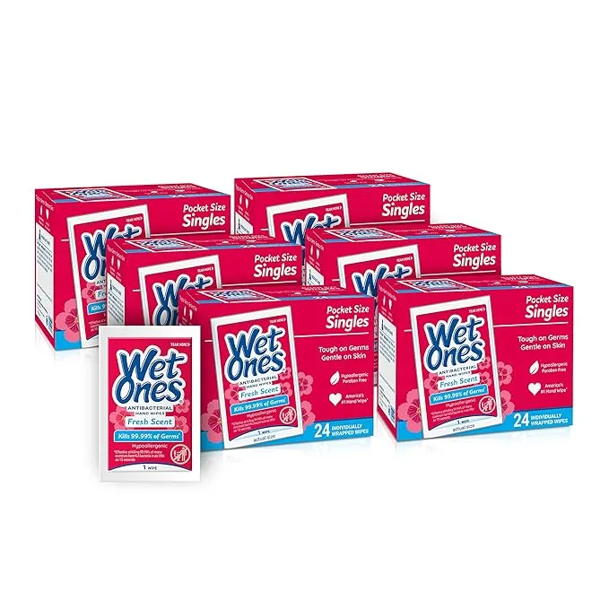 (6 Pk) Wet Ones Antibacterial Hand Wipes Singles, Fresh Scent, 24 Ct