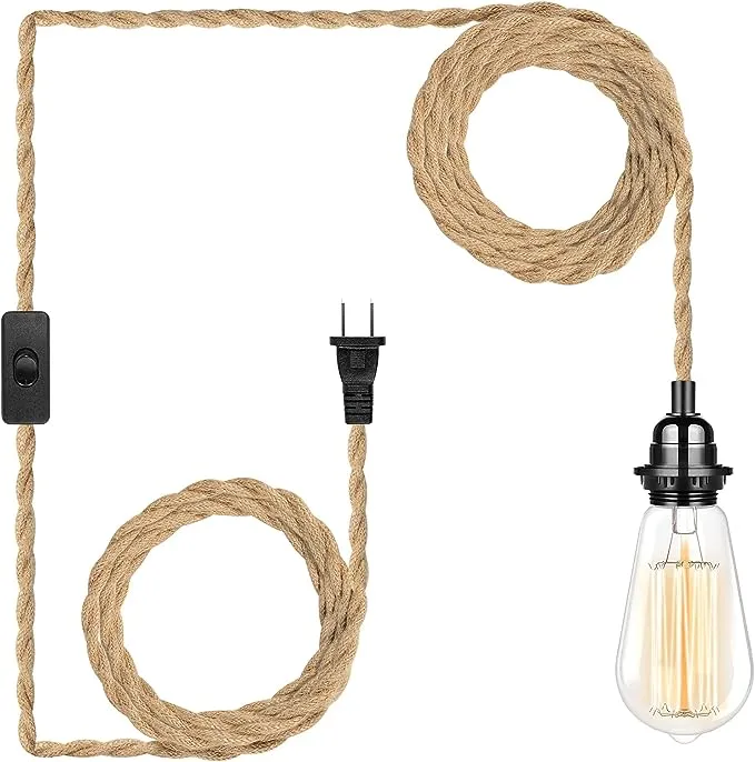 Plug in Hanging Light Fixture, 15FT Pendant Lamp Lights Cord with Switch Cord E26 Bulbs Socket, Industrial DIY Twisted Hemp Rope Overhead Lamps for Farmhouse Bedroom Home Lighting DecorsPlug in Hanging Light Fixture, 15FT Pendant Lamp Lights…