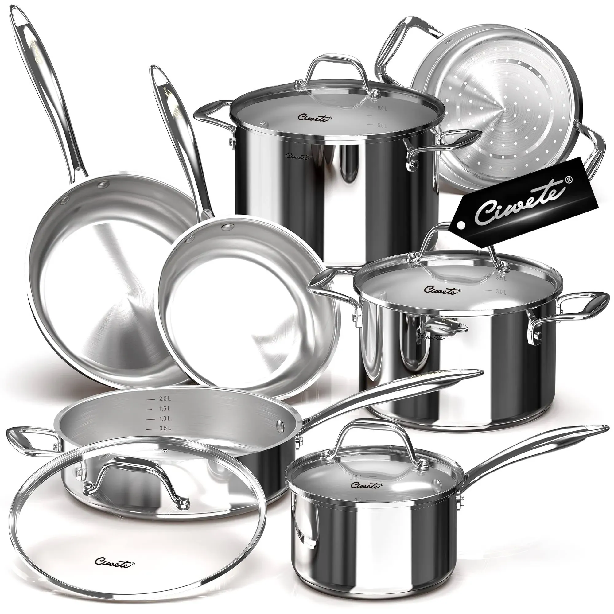 Tri-Ply Stainless Steel Pots and Pans Set 11-PC, 18/10 Stainless Steel Induction