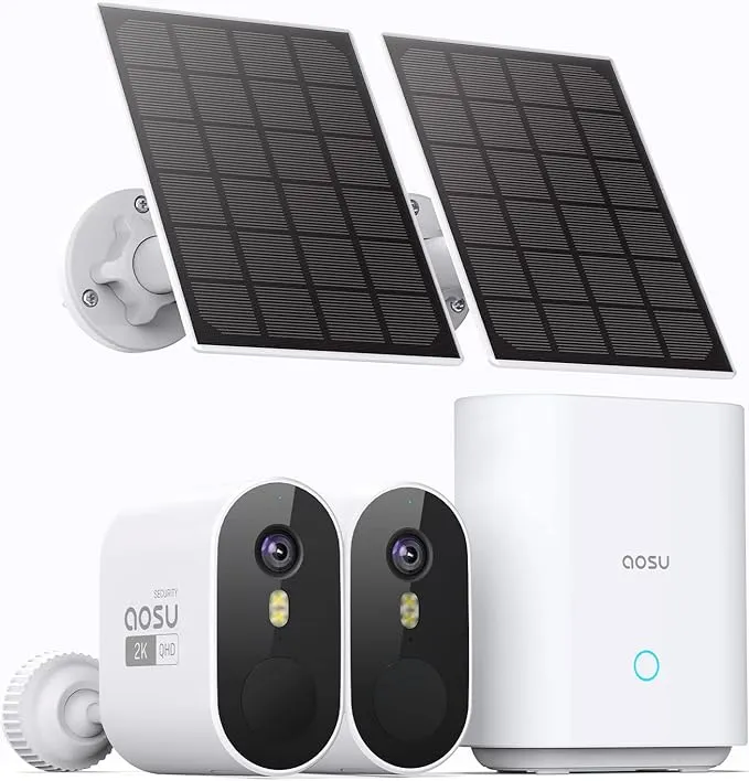 AOSU Sistema de Cámara de Seguridad Solar 2K Inalámbrico para Exteriores con Base de Operaciones, Sistema de Seguridad Inalámbrico para el Hogar con Wifi de 5 G, Trabajo de Detección de Movimiento PIR de Audio Bidireccional con Asistente Alexa / Google