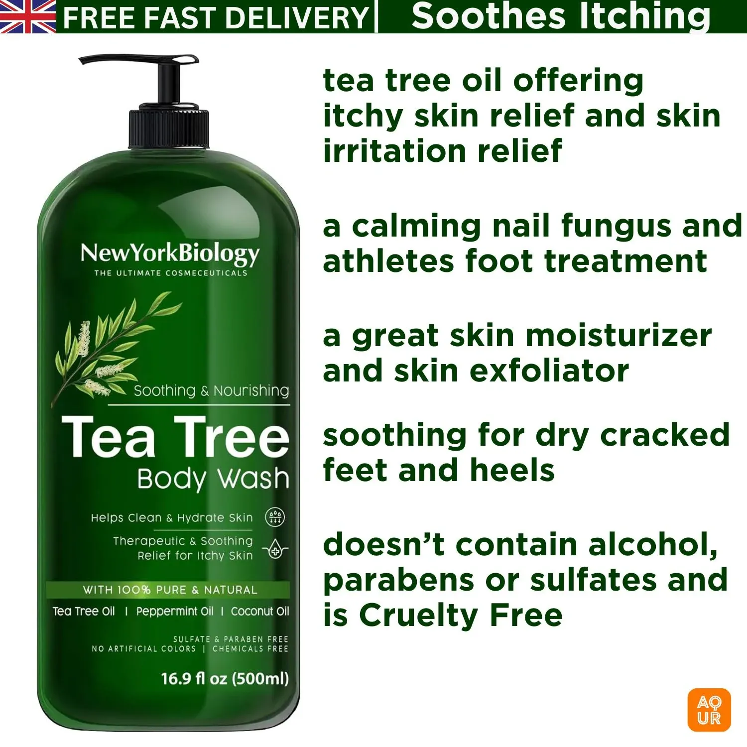 New York Biology Tea Tree Body Wash for Men and Women - Moisturizing Body Wash Helps Soothe Itchy Skin, Jock Itch, Athletes Foot, Nail Fungus, Eczema, Body Odor and Ringworm - 16.9 Fl Oz