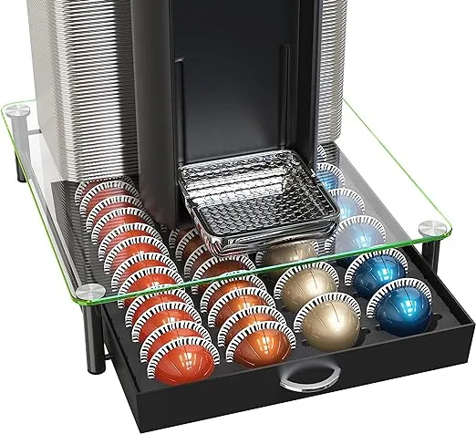 DecoBrothers Crystal Tempered Glass Vertuo Pod Holder Drawer, 24 Large or 48 Small Nespresso Capsule Organizer