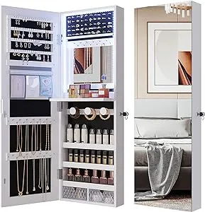 LED Jewelry Mirror Cabinet with 42.52" Tall Door Mirror,Lockable Wall Mounted Jewelry Organizer, Full Length Mirror Jewelry Cabinet,2 Small Storage Boxes (White)