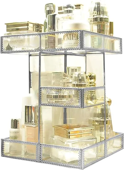 360 Degree Rotation Makeup Organizer Antique Countertop Cosmetic Storage Box Mirror Glass Beauty Display