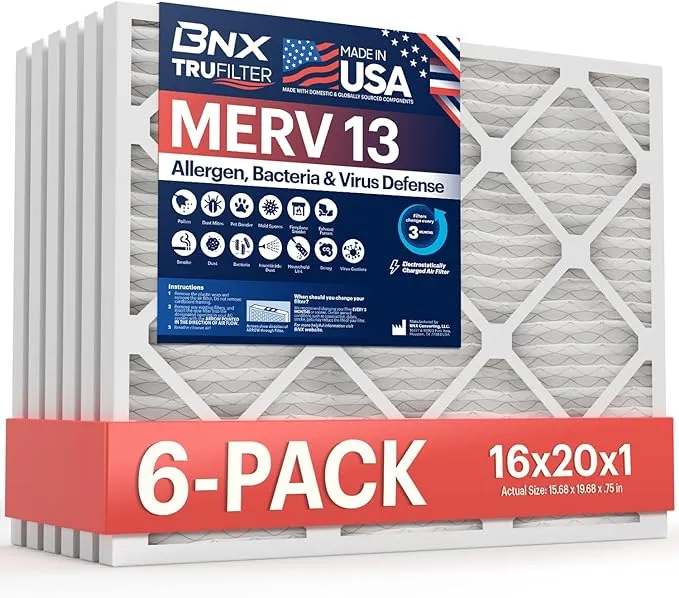 BNX TruFilter 16x20x1 Air Filter MERV 13 (6-pack) - Made in USA - Electrostatic Pleated Air Conditioner HVAC AC Furnace Filters for Allergies,