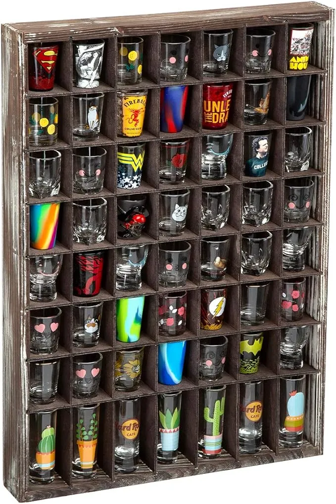 J JACKCUBE DESIGN Rustic Wood Shot Glasses Display Case 56 Compartments Wall Mount Pint glass Shadow box Bar Cabinet Collectio