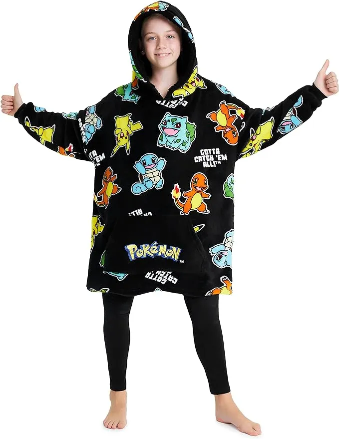 Pokemon Oversized Hoodie Blanket for Kids, Pikachu Gifts for Boys (Black AOP)