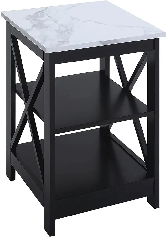 Convenience Concepts Oxford End Table with Shelves, White Faux Marble/Black