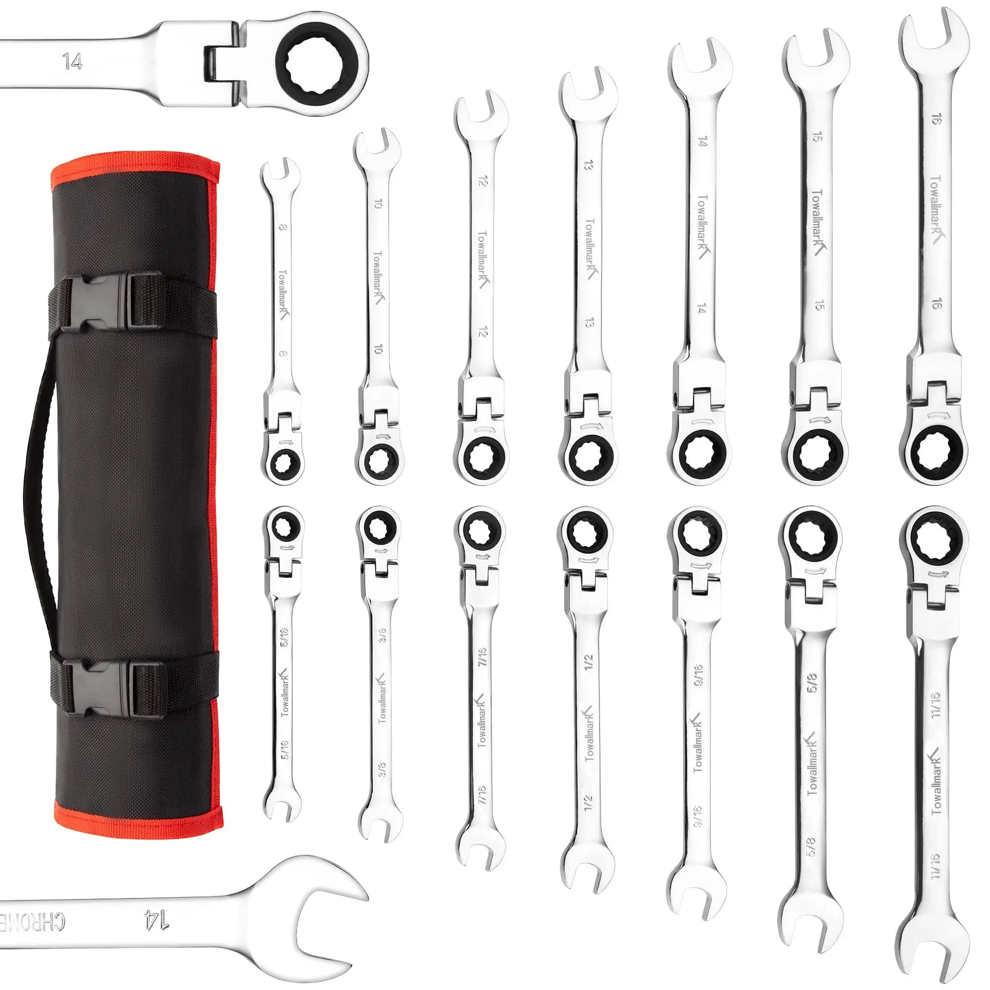 Towallmark 14-Piece Flex-Head Wrench Set, Ratcheting Combination Set, SAE 5/16"-11/16""& Metric 8-16mm, 72-Teeth,Cr-V Steel Ratchet Wrenches Set with Storage Bag for truck/garage projects, etc.