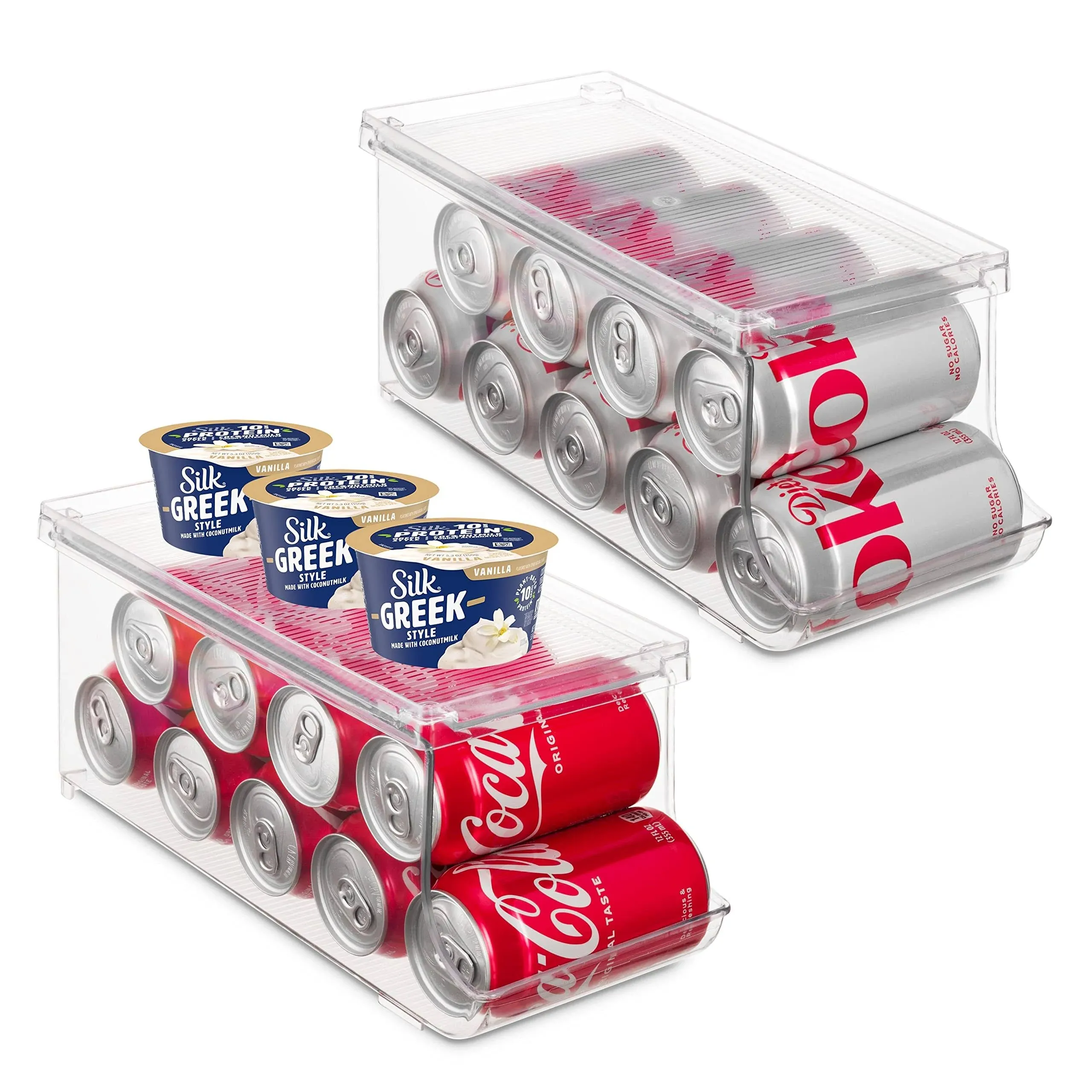 Set of 2 Stackable Refrigerator Organizer Bins Pop Soda Can Dispenser Beverage 