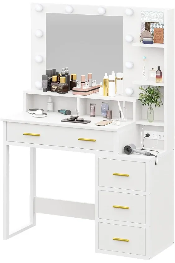 Makeup Vanity Desk with Mirror, Lights, and Power Outlet