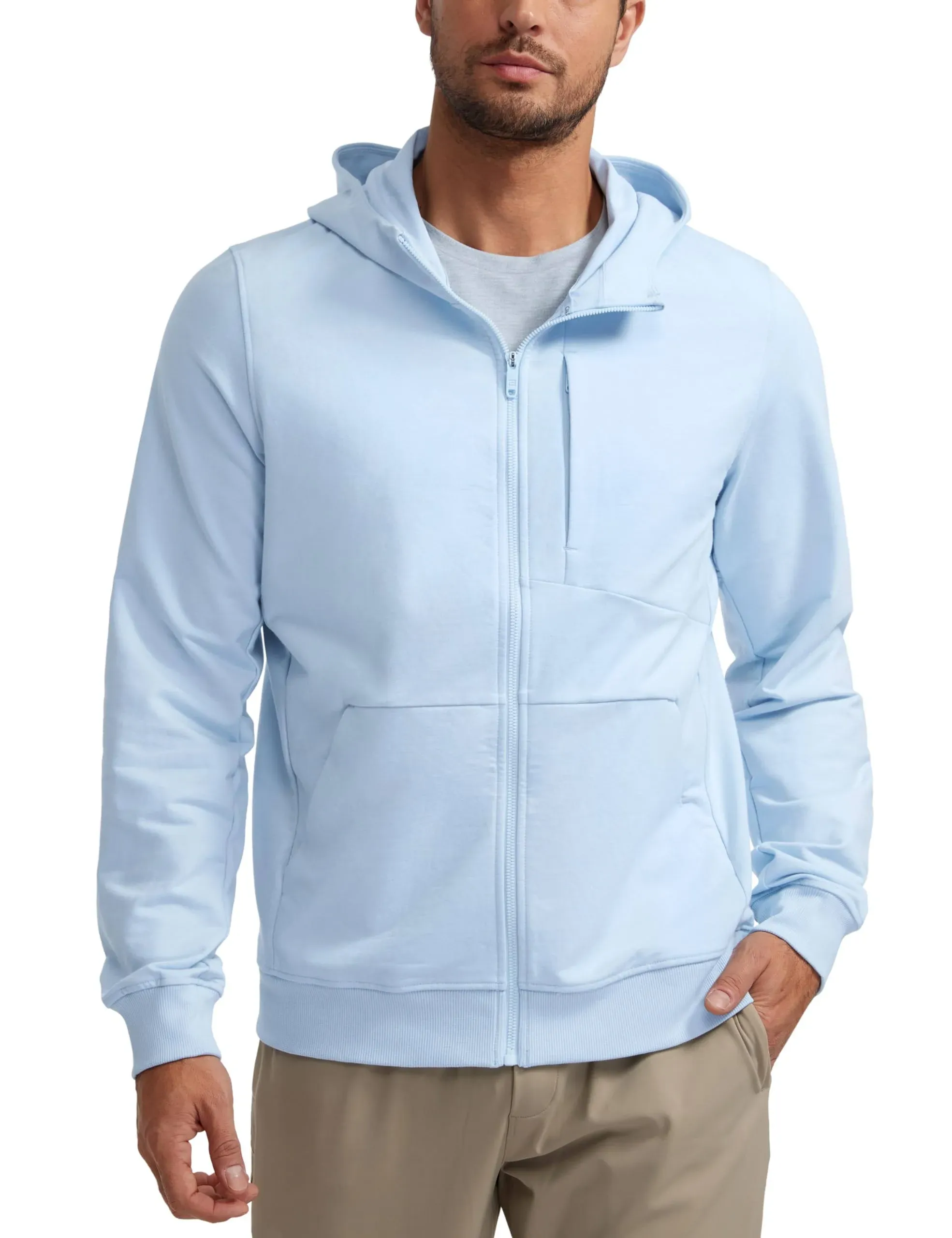 CRZ Yoga Men's Workout Relax Fit Outerwear Cotton Terry Zip-Up Hoodie Chambray ...