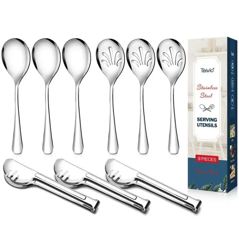 Stainless Steel Metal Serving Utensils - Large Set of 9-10" Spoons, 10" Slotted ...