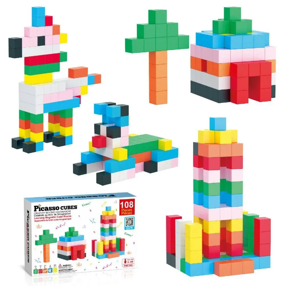 PicassoTiles Magnet Cube Building Blocks 108 Pieces 1.2" 3CM Magnetic Cubes Toy Construction Building Educational Sensory Toys with Idea Booklet for School & Preschool Kids Boys Girls Toddlers PMC303