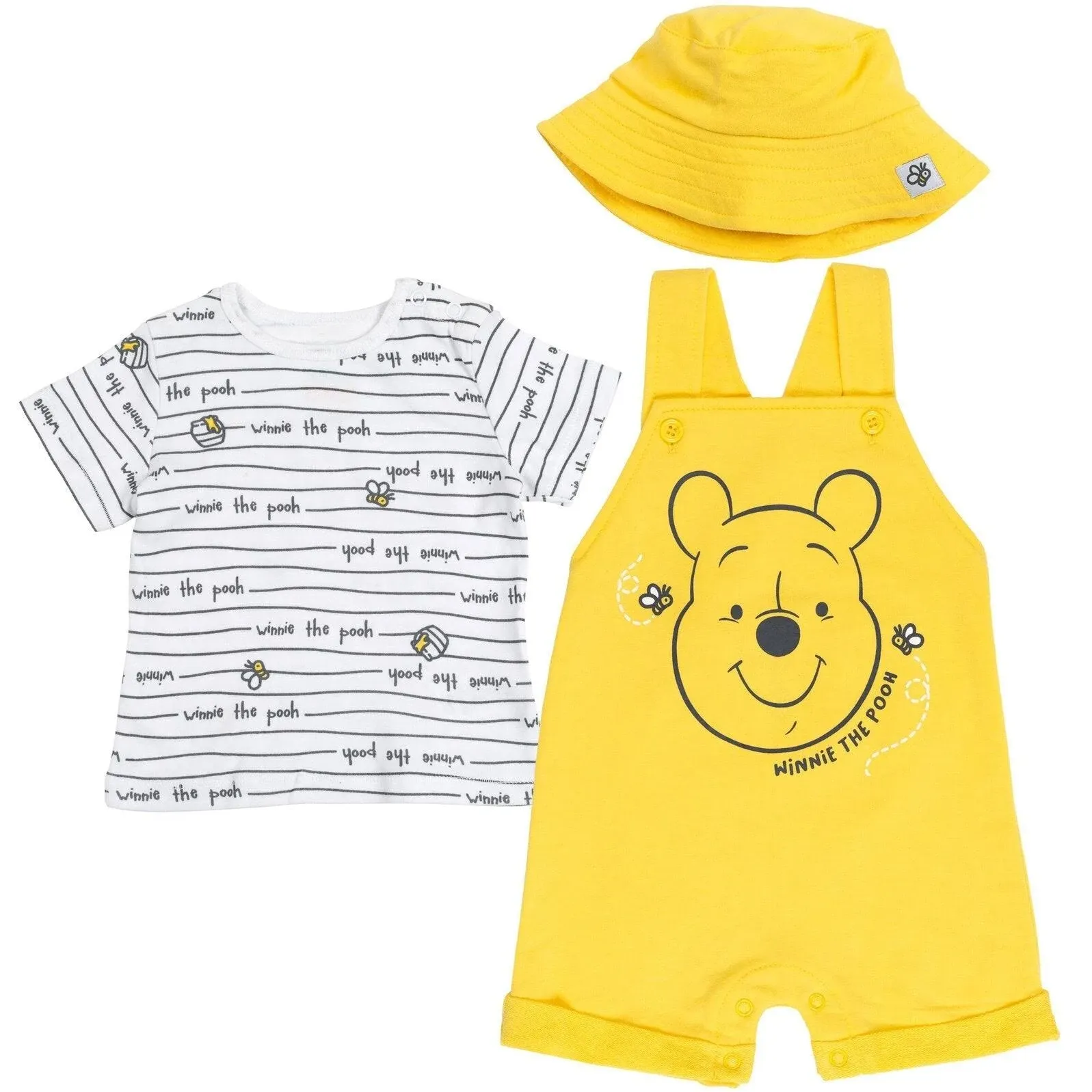 Disney Winnie The Pooh French Terry Short Overalls T-Shirt and Hat 3 Piece Outfit ...