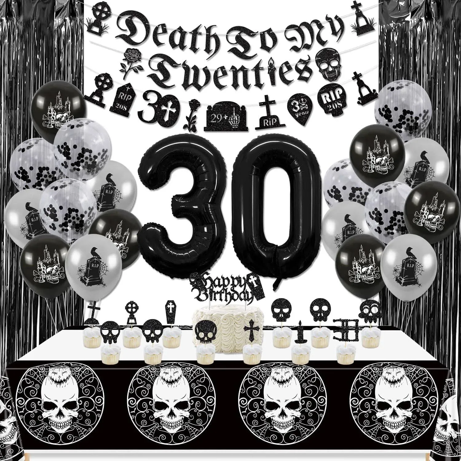 Black 30th Birthday Decorations - Death To My 20s Decorations Including Banners, Skull Tablecloth, Number 30 Balloon, Fringe Curtain, Cake Toppers for Halloween Party Rip 20s Birthday Decorations