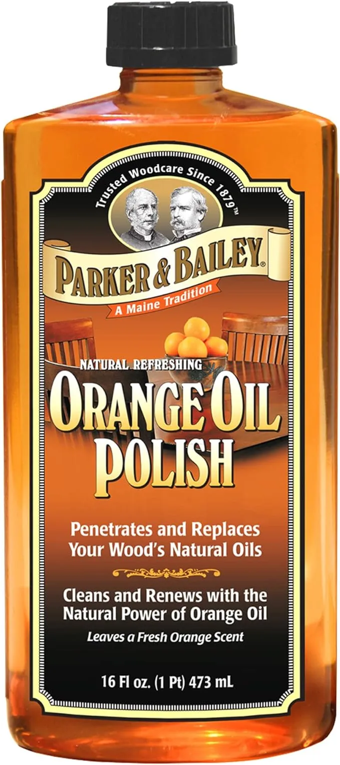 PARKER & BAILEY ORANGE OIL POLISH - Natural Orange Scented Wood Cleaner & Furniture Polish, Cleans, Renews, Restores & Rejuvenates Wood Surfaces, Protects from Drying or Cracking, Shiny Finish, 16oz