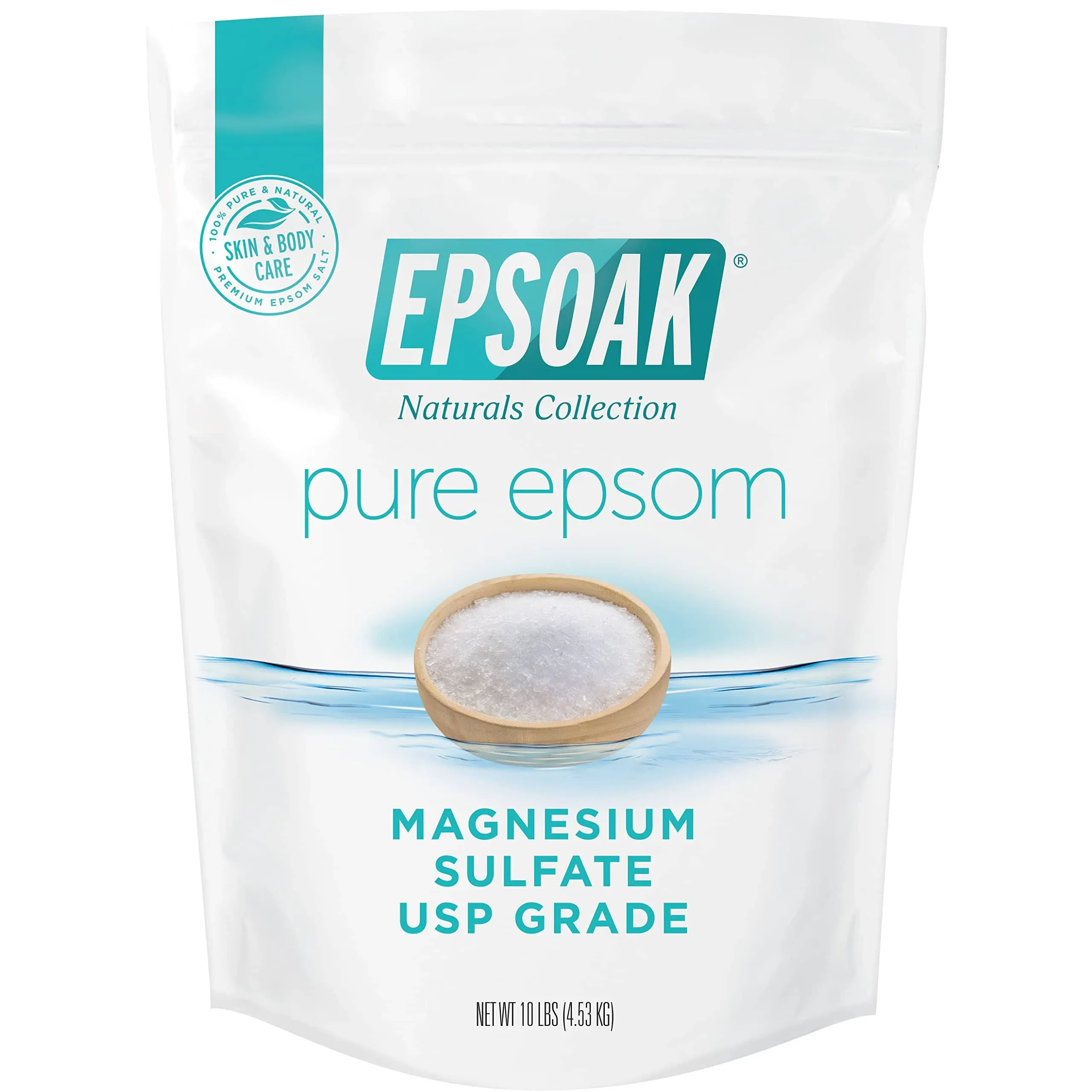 Epsoak Epsom Salt 10 lb. Magnesium Sulfate USP. (Qty. 1 x 10lb. Bags) Resealable Epsom Salt Bulk Bags Unscented, Made in The USA, Cruelty-Free Certified