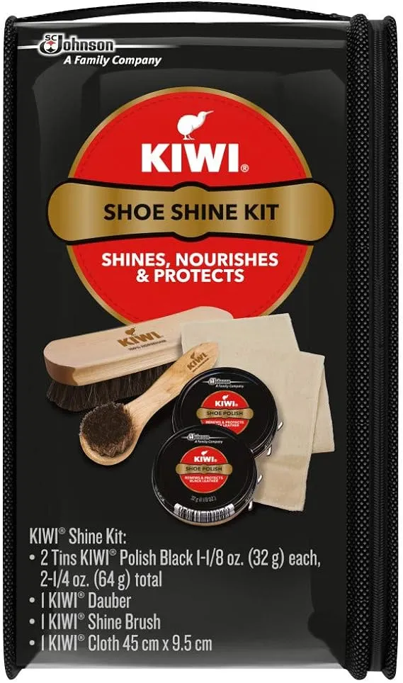 KIWI Shoe Shine Kit, Black - Gives Shoes Long-Lasting Shine and Protection (2 Tins, 1 Brush, 1 Dauber and 1 Cloth)