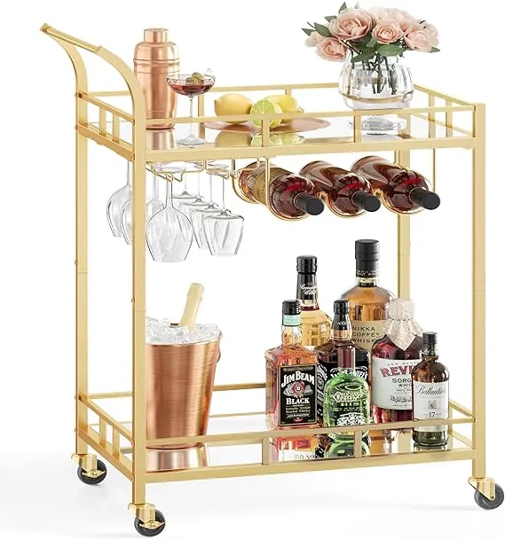 VASAGLE Bar Cart Home Bar Serving Cart Wine Cart with 2 Mirrored Shelves