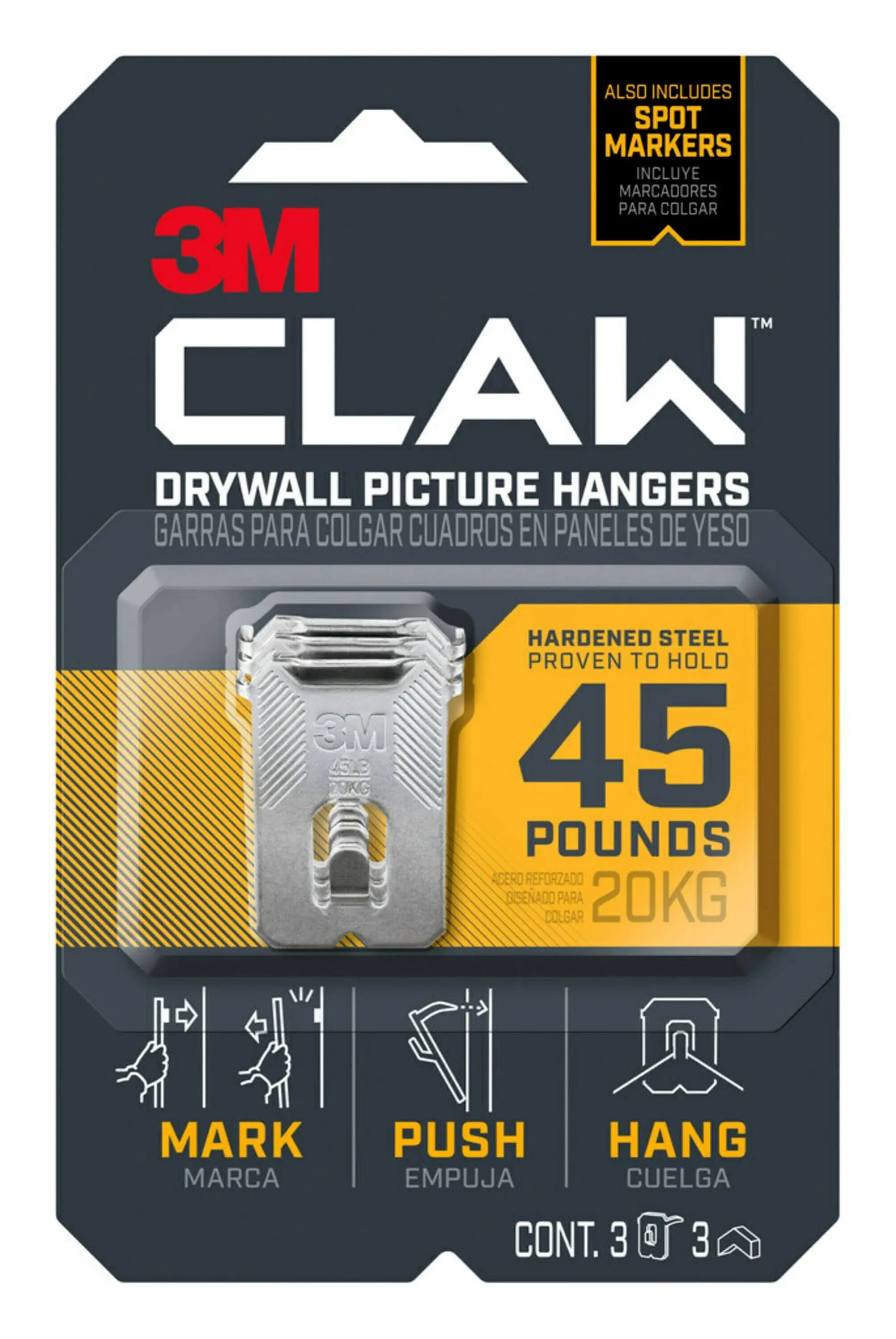 3M Claw Drywall Picture Hanger, 45 lb, 3-Pack