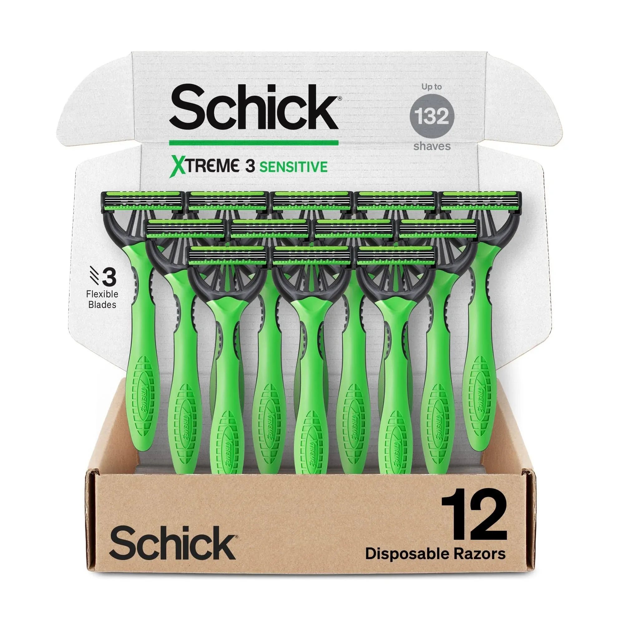 Schick Xtreme 3 Sensitive Razor - Disposable Razors Men, Head Razor, Razors for Men Sensitive Skin, 12 Count