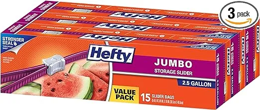 Hefty Slider 2.5 Gallon Jumbo Storage Bags, 12 Count Boxes (Pack of 4)