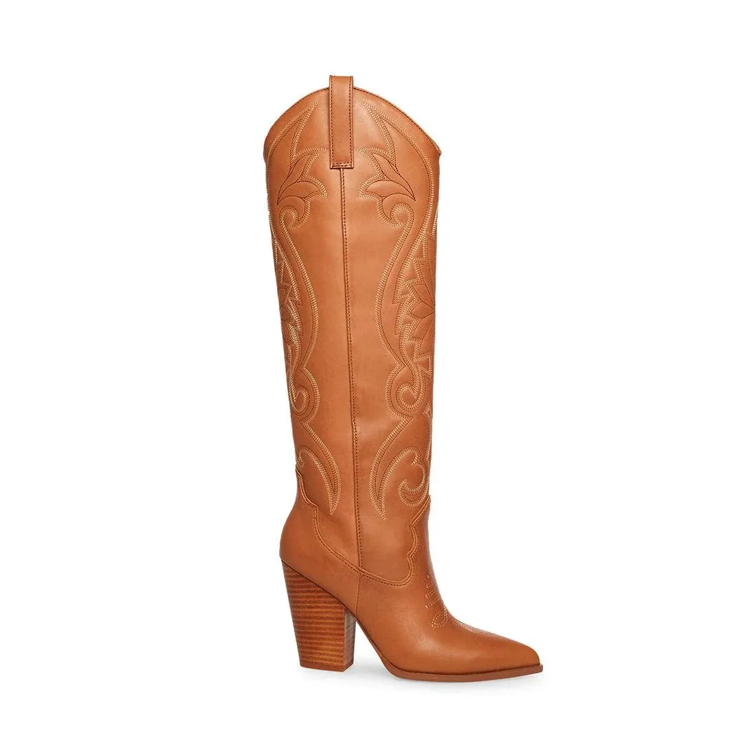 Steve Madden Lasso Cognac Pull On Stacked Block Heel Pointed Toe Knee High Boots