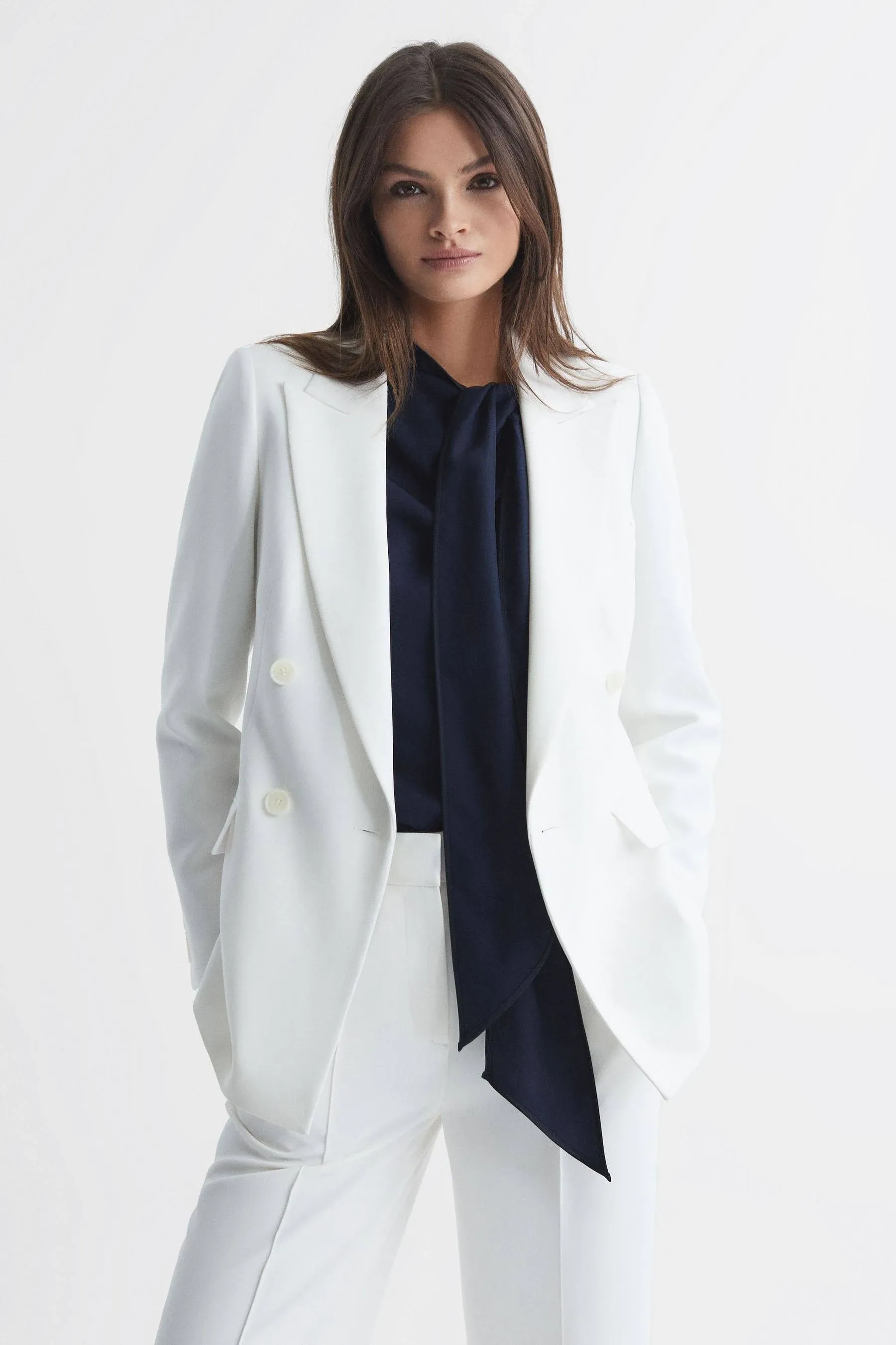 Reiss Sienna - White Double Breasted Crepe Suit Blazer, US 0