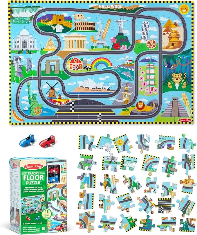 Melissa & Doug Race Around the World Tracks Cardboard Jigsaw Floor Puzzle and Wind-Up Vehicles – 48pc