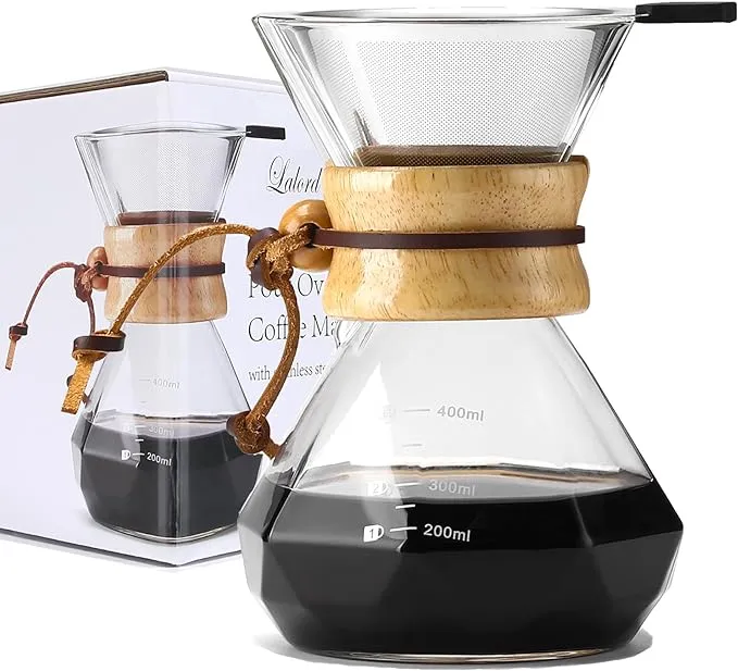 Pour Over Coffee Maker - Lalord with Stainless Steel Filter 20oz Capacity Borosilicate Glass Carafe