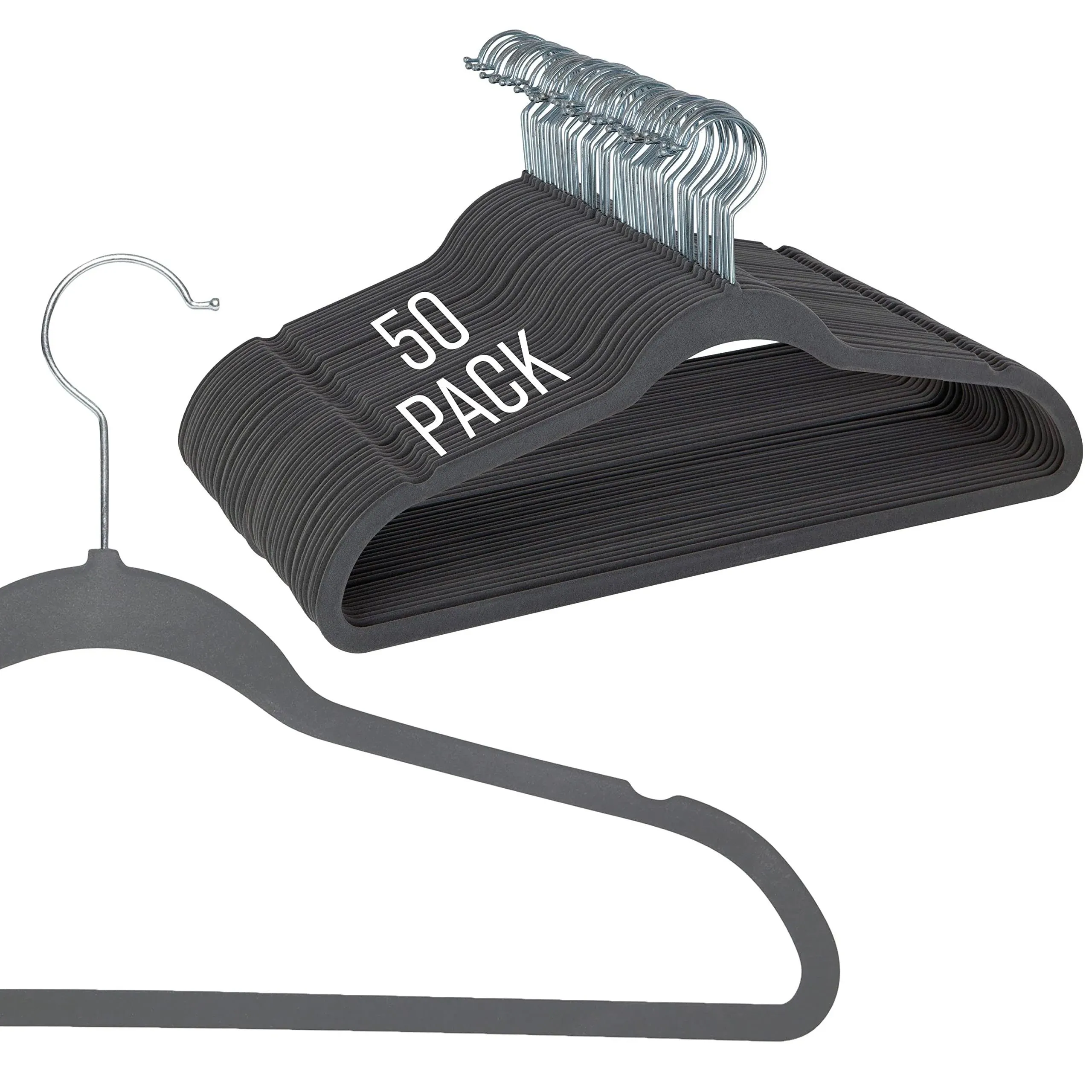 Simplify Slim Velvet Clothes Hangers | 50 Pack | Non-Slip | Shirts | Suit | Pants | Dresses | Garments | Closet Storage & Organization | Durable | Grey