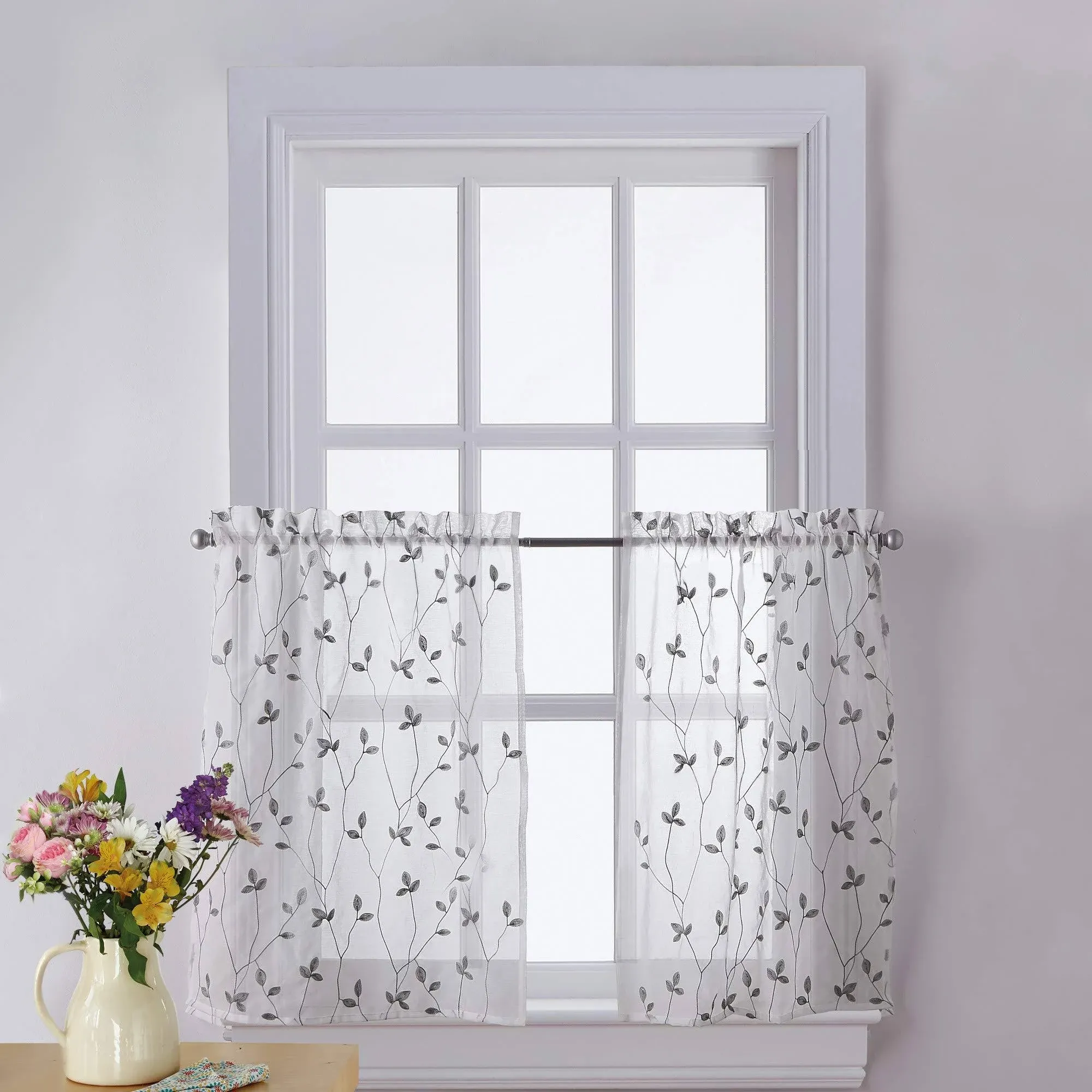 CHF 2-Pack Botanical Embroidery Window Tier Set, Grey, 55x36