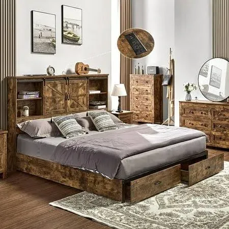 HOWE Full Size Wood Platform Bed Frame with 51.2" Bookcase Headboard, Storage Bed with Sliding Barn Door Charging Station 2 Drawers, No Box Spring Needed/Noise Free/Farmhouse/Rustic Brown