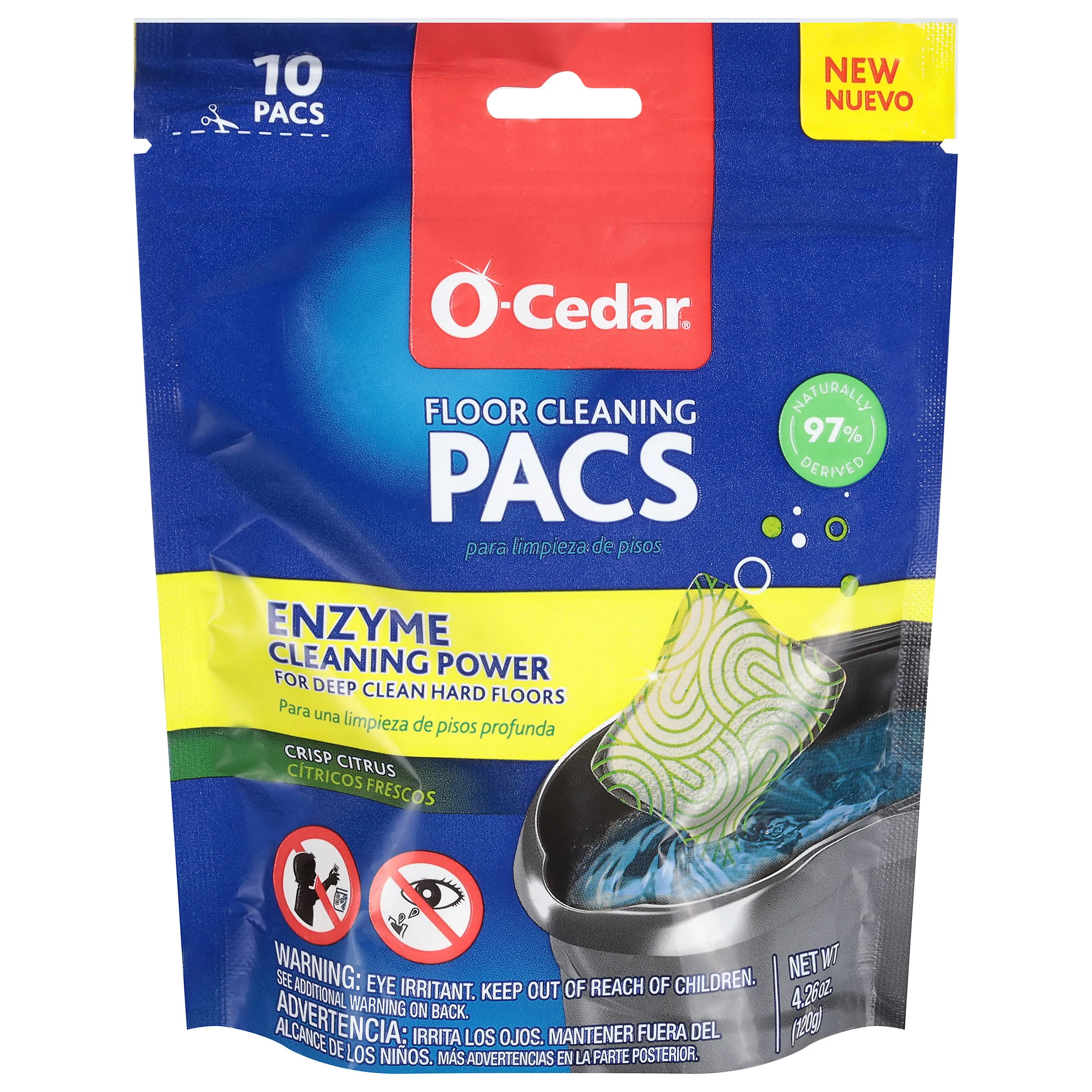 O-Cedar PACS Hard Floor Cleaner, Crisp Citrus Scent 10ct (1-Pack) | Made with Naturally-Derived Ingredients | Safe to Use on All Hard Floors | Perfect for Mop Buckets