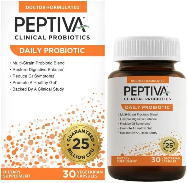 Peptiva Daily Probiotic, 25 Billion CFU, Multi-Strain Probiotics, Lactobacillus Acidophilus, Bifidobacterium, Digestive Support Supplement - 30 Count