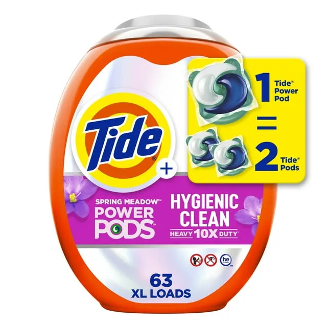 Tide Power PODs Hygienic Clean Heavy Duty Liquid Laundry Detergent Pacs HE Compatible 45 Count Hypoallergenic Free and Clear of Dyes and Perfumes For Visible and Invisible Dirt