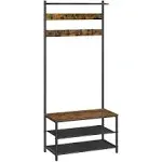 VASAGLE Coat Rack, Hall Tree with Shoe Storage Bench, Entryway Bench with Shoe Storage, 3-in-1, Steel Frame, for Entryway, 12.6 x 27.6 x 69.8 Inches, Industrial, Rustic Brown and Black UHSR41BX