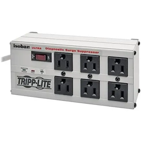 Tripp Lite Isobar 6 Outlet Surge Protector, 6ft. Cord, Right-Angle Plug, Tel/Fax/Modem, Metal (ISOTEL6 ULTRA)