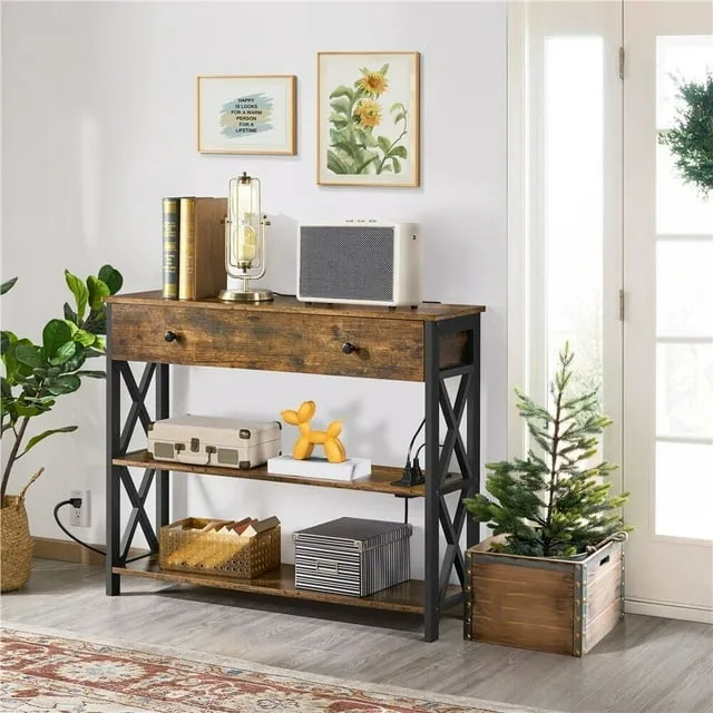 Console Sofa Table with Power Outlets & Drawer for Entryway, Metal Frame