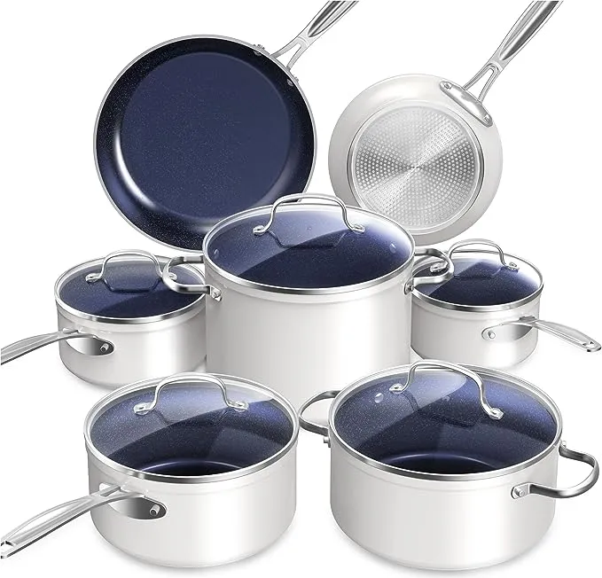 Nuwave Healthy Duralon Juego de utensilios de cocina antiadherentes de cerámica azul con infusión de diamante, resistente a los arañazos, última