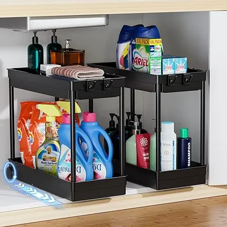 Cicilyna Under Sink Organizer, Under Cabinet Basket Organizer Drawer with Hooks, Bathroom Standing Rack, Multi-purpose Storage Shelf, Black