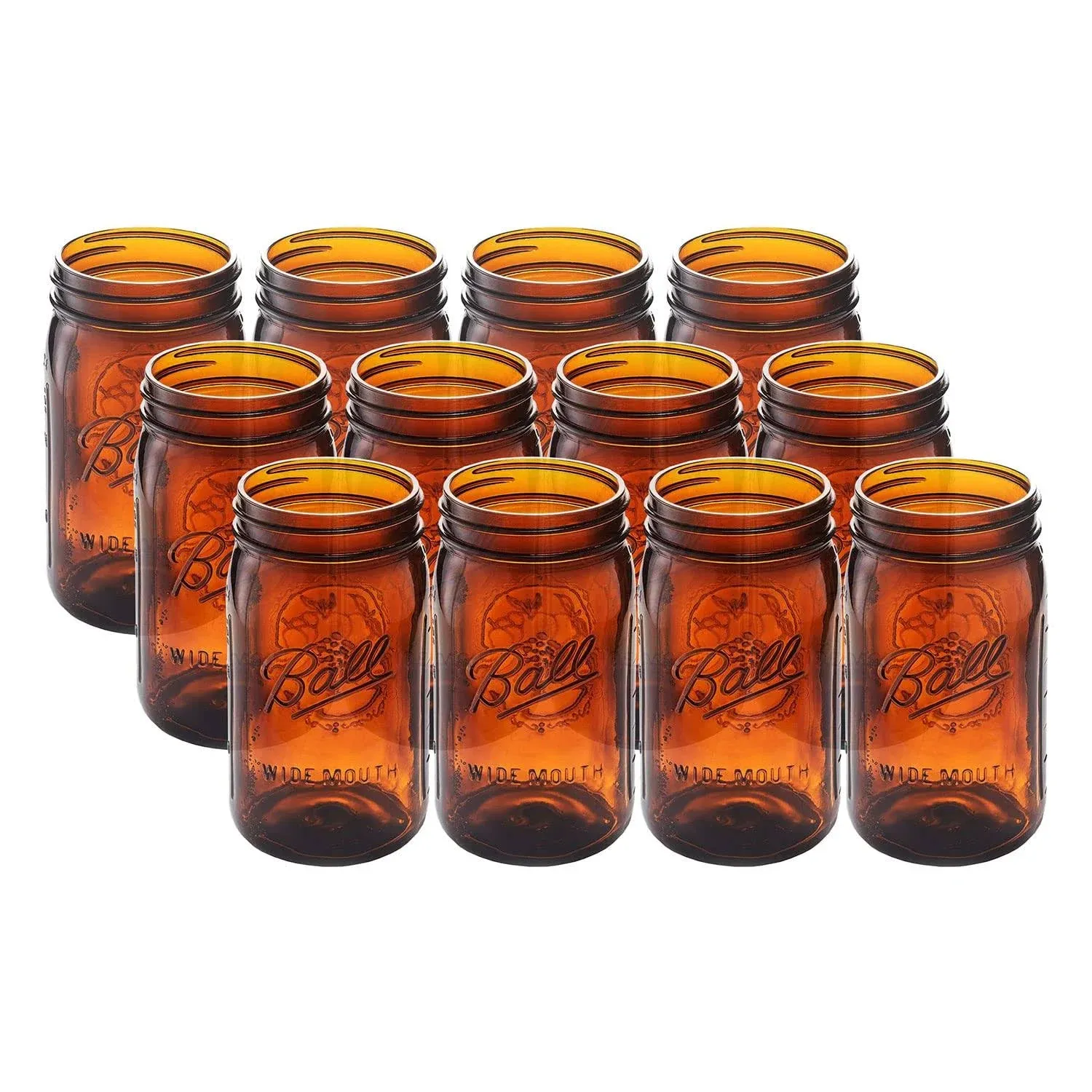 Ball Elite Collection Amber Glass Wide Mouth Mason Jar (32 oz/Quart) Amber Canning Jar - UV light Protection - Microwave & Dishwasher Safe, 12 Jars (No Lid or Band)