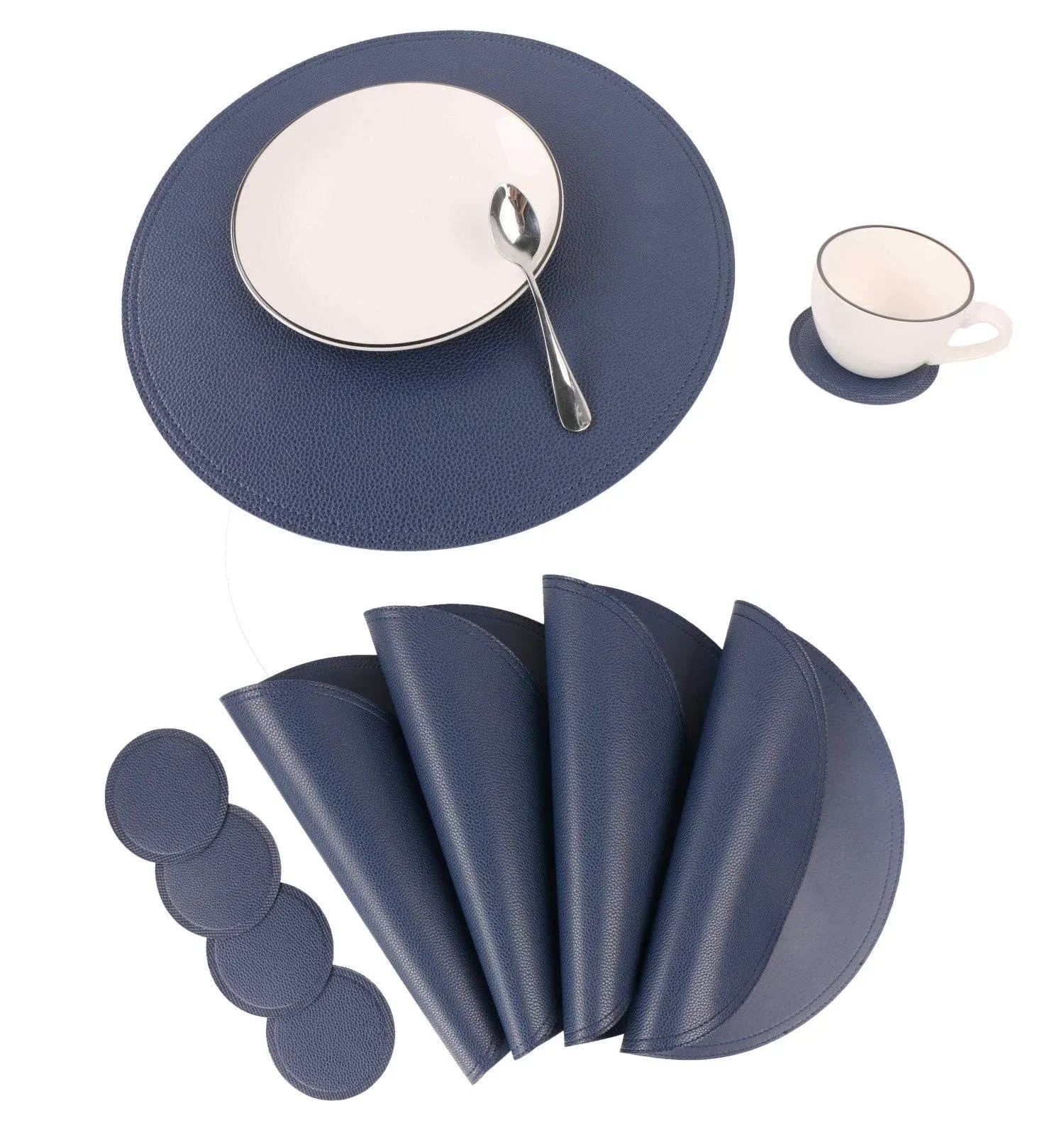 Jovono Navy Faux Leather Round Placemats and Coasters, Coffee Mats Kitchen Table Mats, Waterproof, Easy to Clean for Round Table, Dining Table