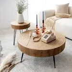 RUSTOWN Farmhouse Round Coffee Table Set of 2 Cocktail Table Set Modern Circle Natural Wood Finsh Side and End Table Sets for Li