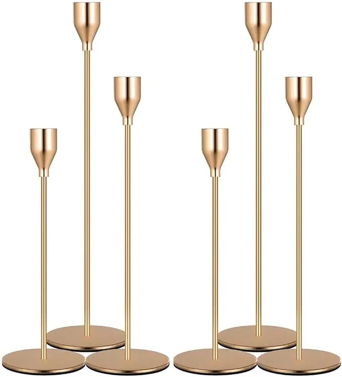 Denique Metal Gold Taper Candle Holder Set of 6 Pcs for Table Centerpiece, Gold Candlestick Holders for Home Decor, Wedding, Dining, Party, Fits 3/4